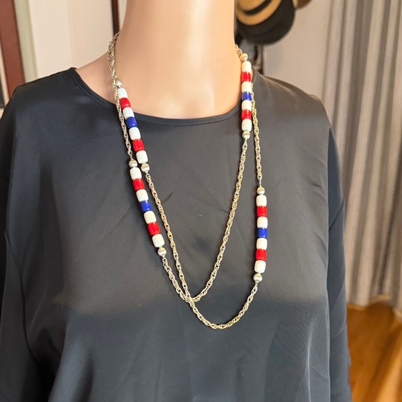 Silver chain Beaded Necklace with Red, Blue, and White Accents. Approx 27” long - Picture 2 of 4